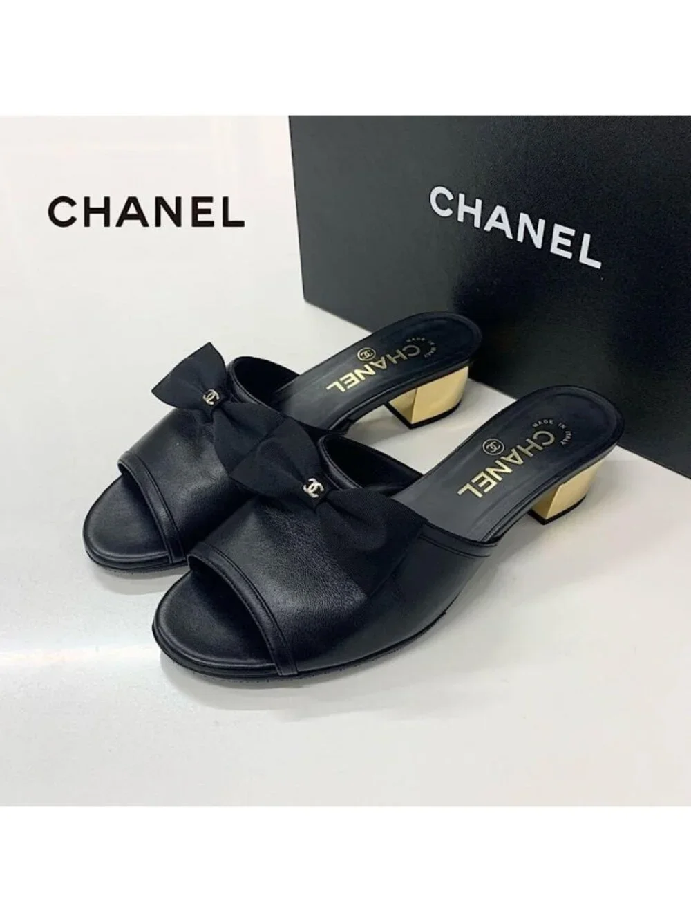 Chanel CC Logo Leather Ribbon Sandals Black
